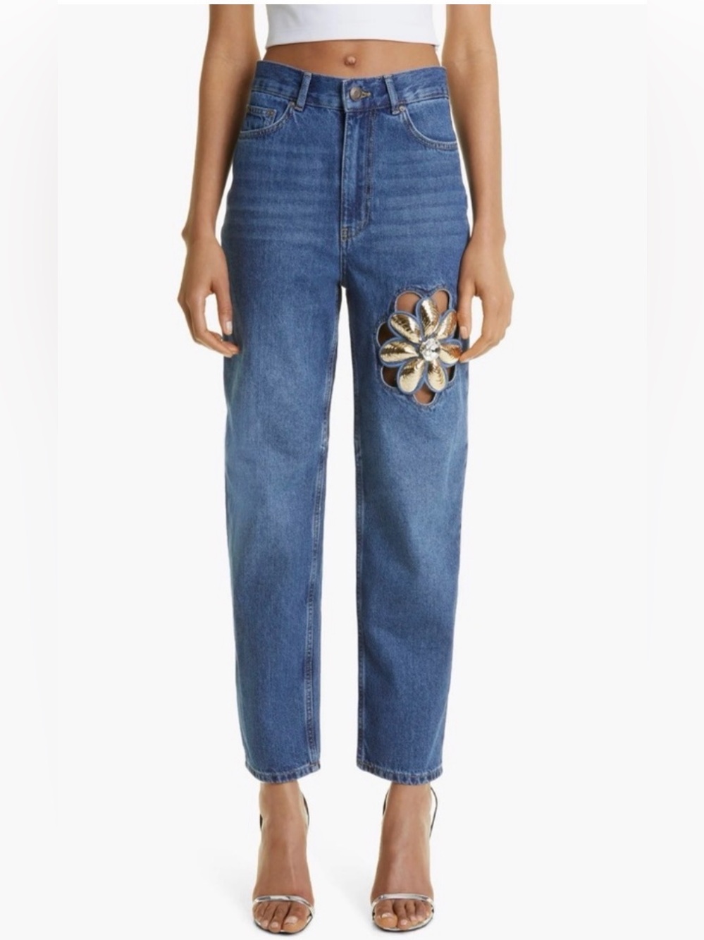 AREA Blue Straight-Leg Jeans with Gold Flower Appliqué Size 27 Like New